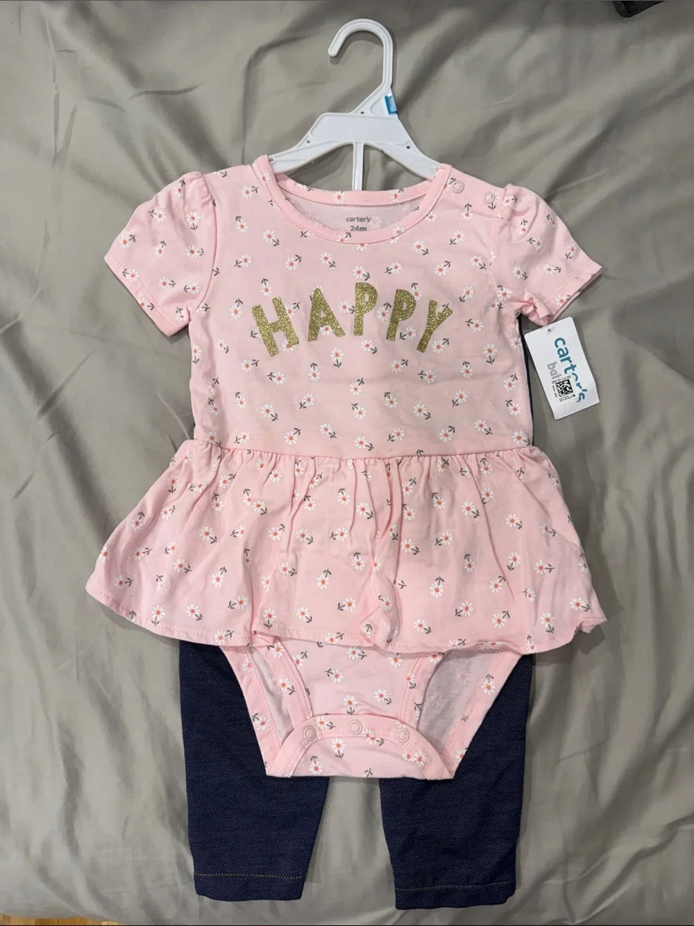 NWT - Carter's Pink 'Happy' Peplum Bodysuit with Navy Leggings (2pcs Set)